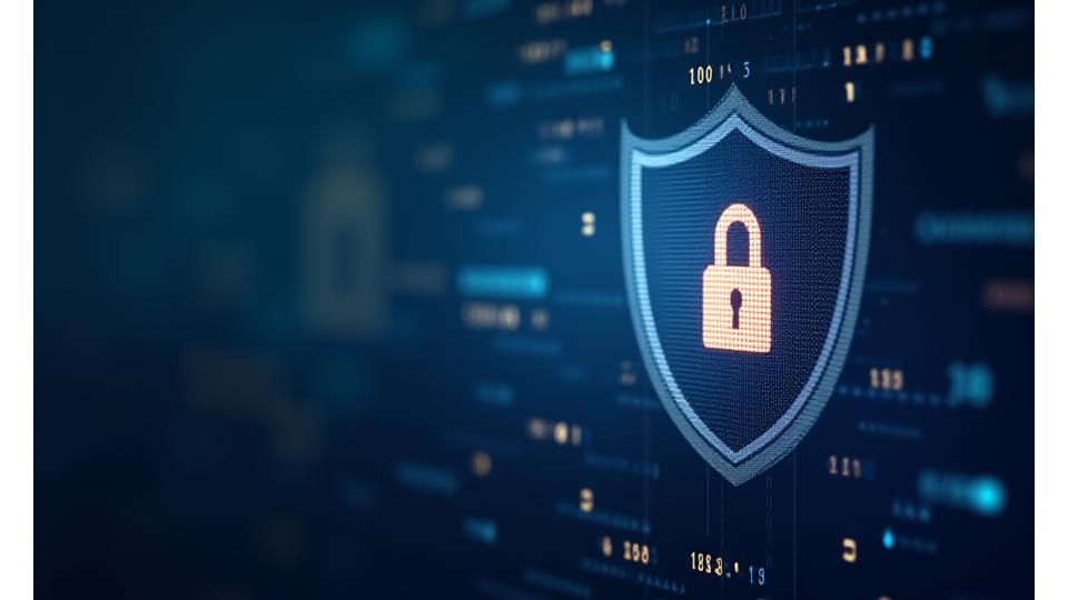 Abstract representation of data security and privacy, featuring digital lock icons and a shield over blurred code patterns. Focus on safety and confidentiality.