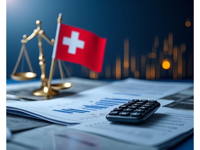 Swiss flag with financial documents and a calculator, symbolizing tax compliance.
