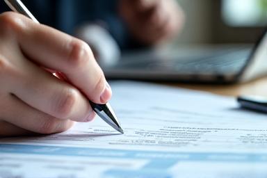 Person looking at financial documents with a calculator, illustrating self-employed tax filing.